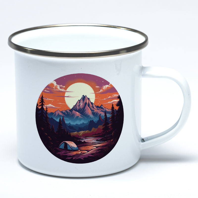Emaille-Tasse mit Campingmotiv Zelt, See und Berge Motiv 5