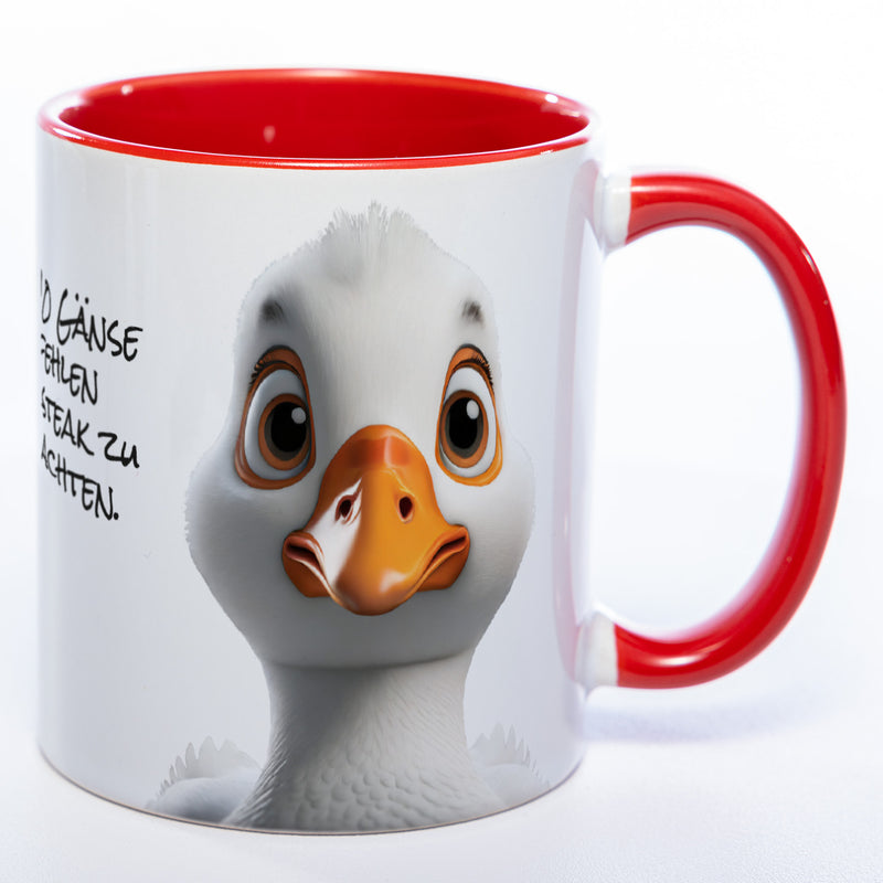 lustige Kaffeetasse mit Gänsekopf und Spruch 9 von 10 Gänse empfehlen Steak zu Weihnachten - rot