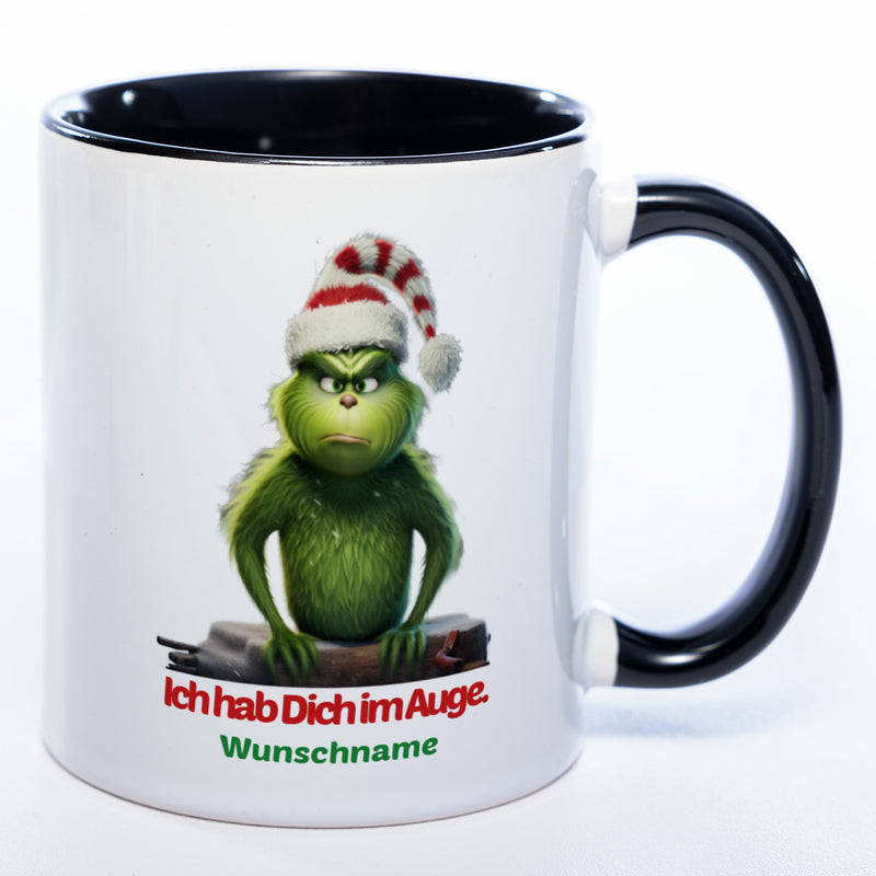 Kaffeetasse Grinch mit Text: Ich hab Dich im Auge Wunschnamen - schwarz