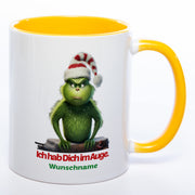 Kaffeetasse Grinch mit Text: Ich hab Dich im Auge Wunschnamen - gelb