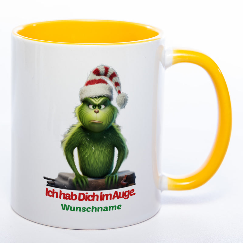 Kaffeetasse Grinch mit Text: Ich hab Dich im Auge Wunschnamen - gelb