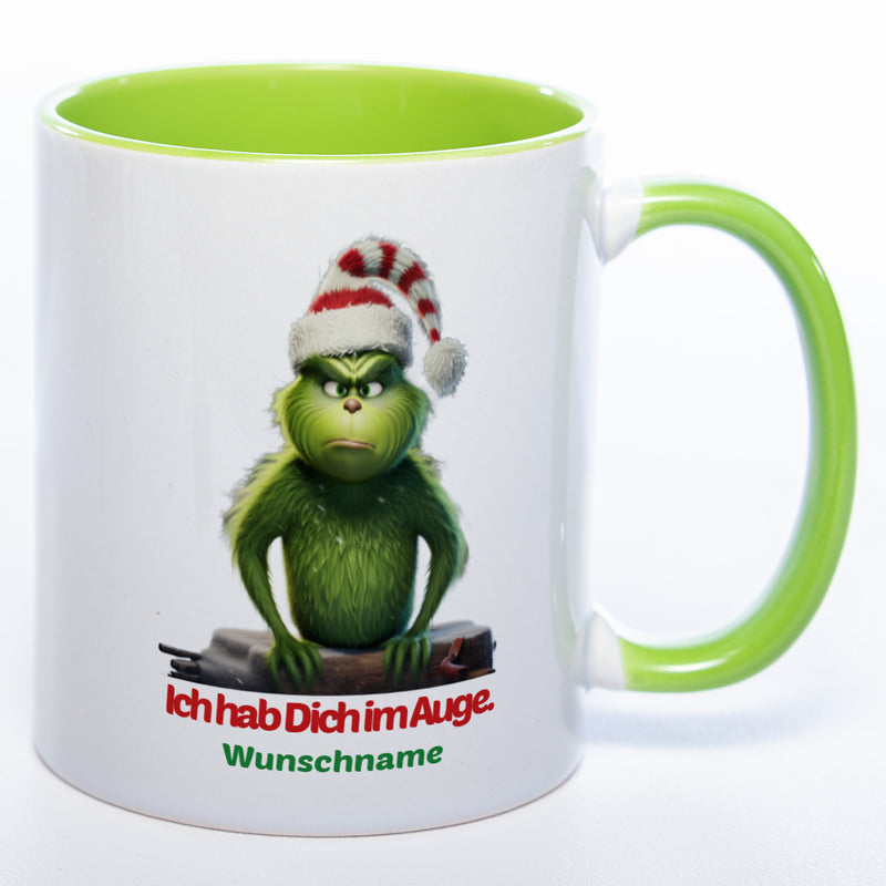 Kaffeetasse Grinch mit Text: Ich hab Dich im Auge Wunschnamen -  grün