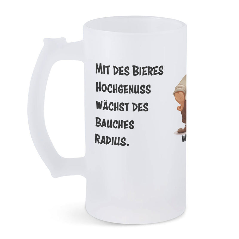 Bierkrug aus satiniertem Glas mit Motiv, Spruch und Wunschname: Mit des Bieres Hochgenuss wächst des Bauches Radius