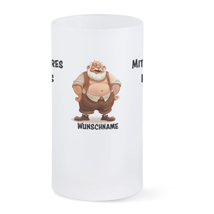 Bierkrug aus satiniertem Glas mit Motiv, Spruch und Wunschname: Mit des Bieres Hochgenuss wächst des Bauches Radius