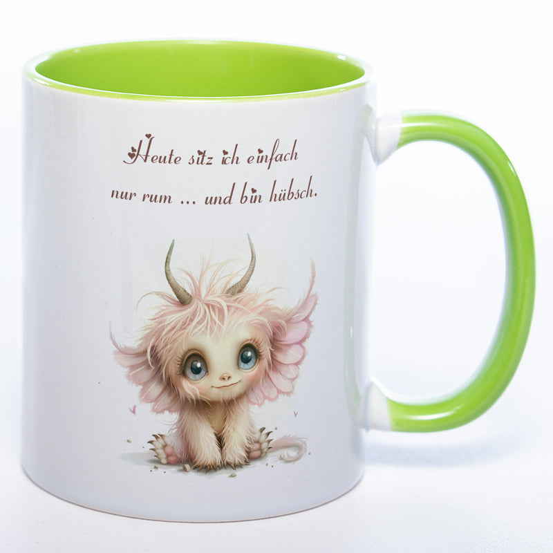 Motiv-Tasse mit Spruch "Heute sitz ich einfach nur rum... und bin hübsch" - lustige Kaffeetasse in vielen Farben - spülmaschinenfest
