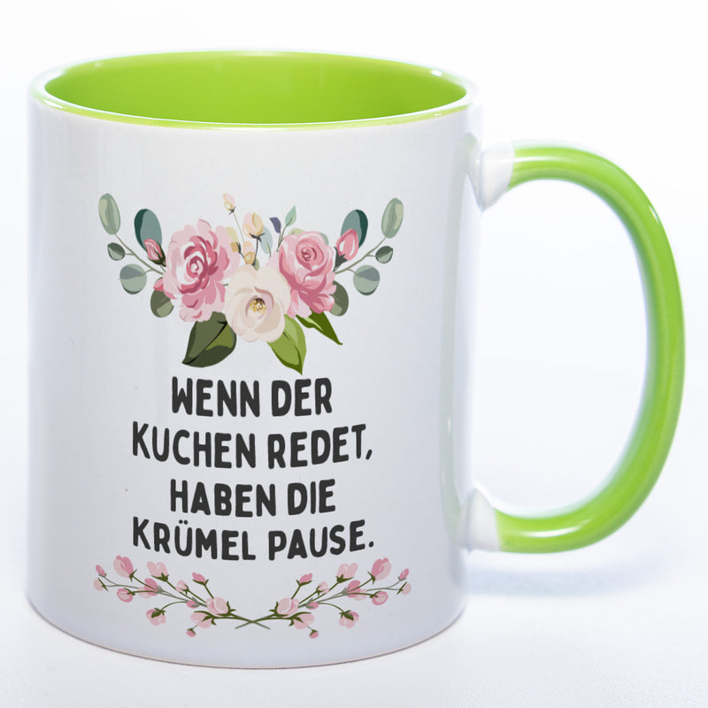 Blümchen-Tasse mit Spruch "Wenn der Kuchen redet, haben die Krümel Pause" - Lustige Kaffeetasse spülmaschinenfest