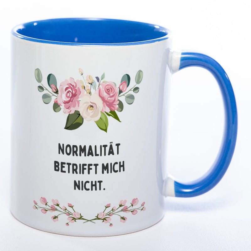 Blümchen-Tasse mit Spruch "Normalität betrifft mich nicht." - Lustige Kaffeetasse spülmaschinenfest