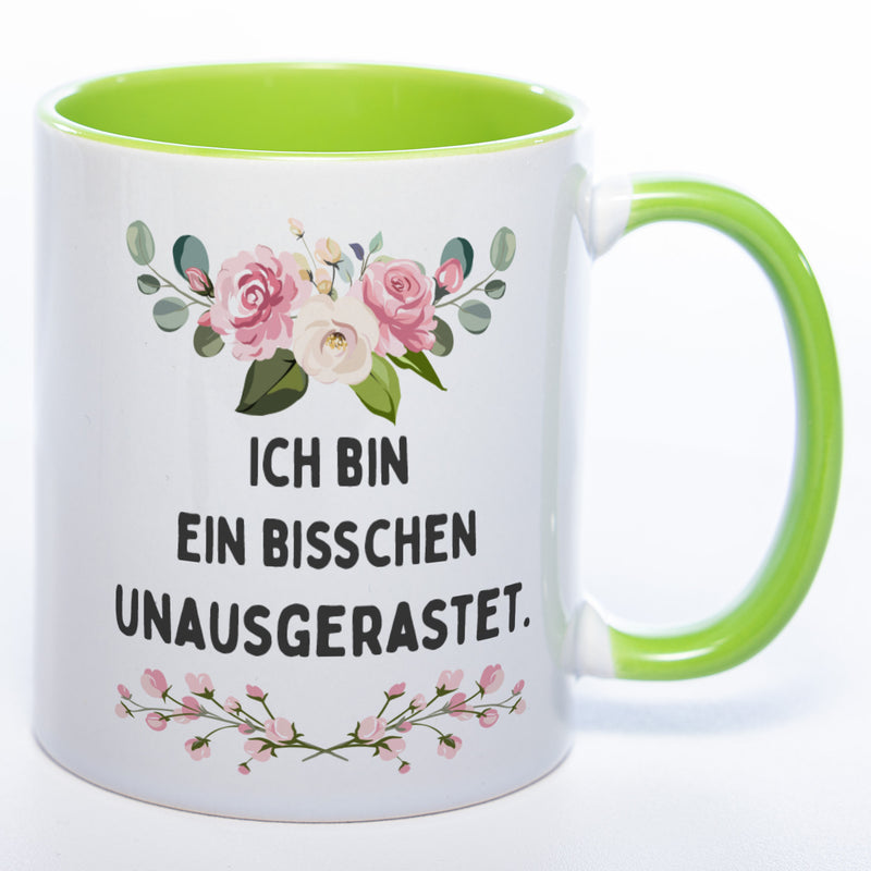 Blümchen-Tasse mit Spruch "Ich bin ein bisschen unausgerastet" - Lustige Kaffeetasse spülmaschinenfest