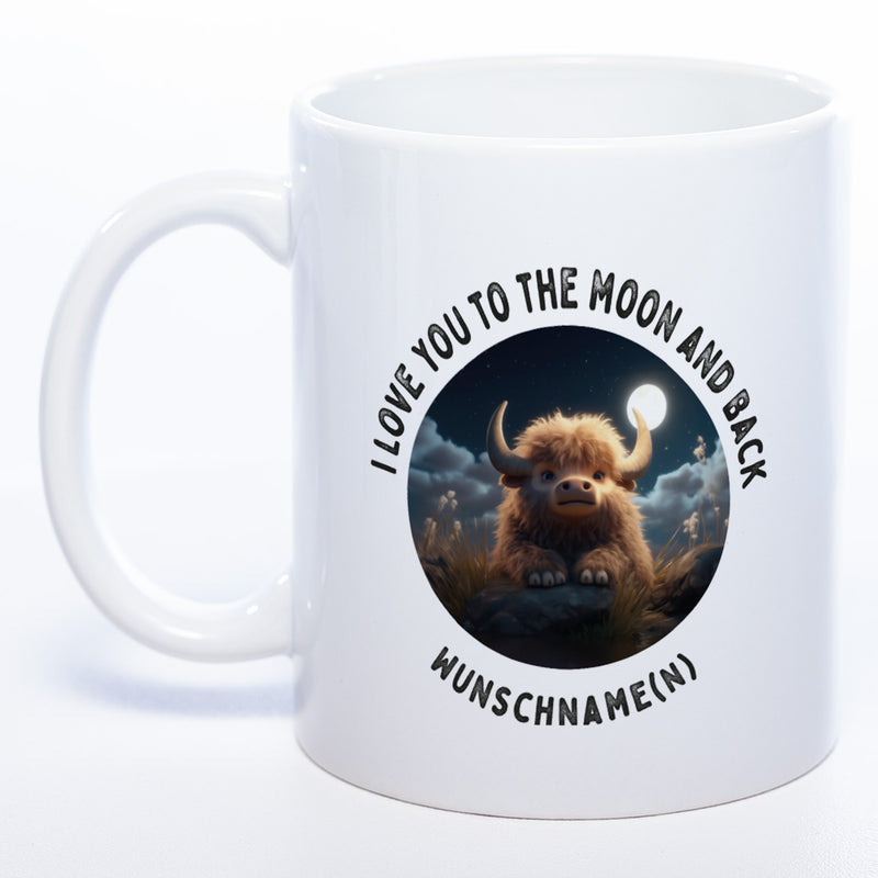 Motiv-Tasse mit Spruch "I love you to the moon and back" mit Name(n) spülmaschinenfest