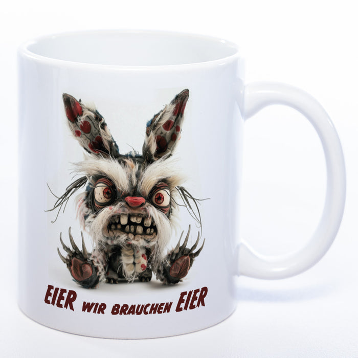 Motiv - Tasse mit wütendem Hasen und Spruch: "Eier wir brauchen Eier." spülmaschinenfest