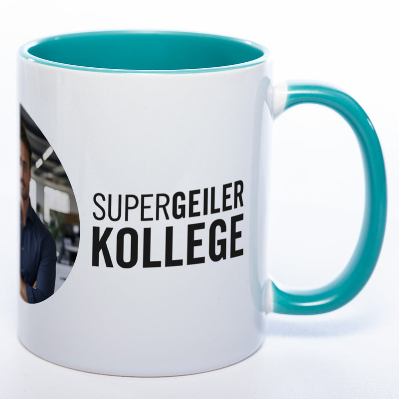 Spülmaschinenfeste Tasse "Supergeiler Kollege" mit Foto (HD Druck) | Jetzt selbst gestalten!
