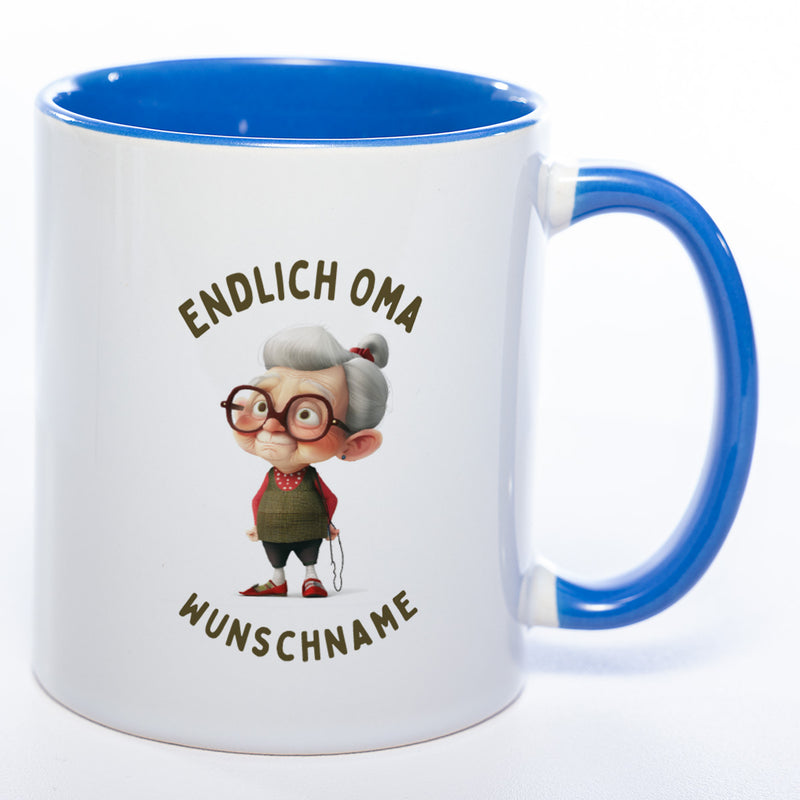 "Endlich Oma"-Tasse mit Wunschnamen - spülmaschinenfest