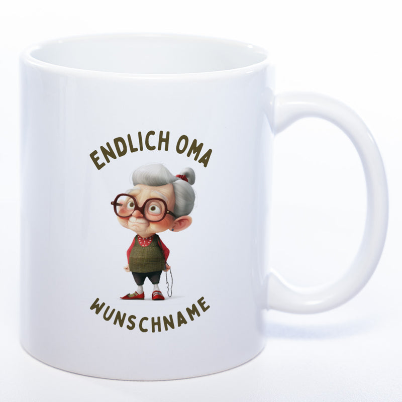 "Endlich Oma"-Tasse mit Wunschnamen - spülmaschinenfest