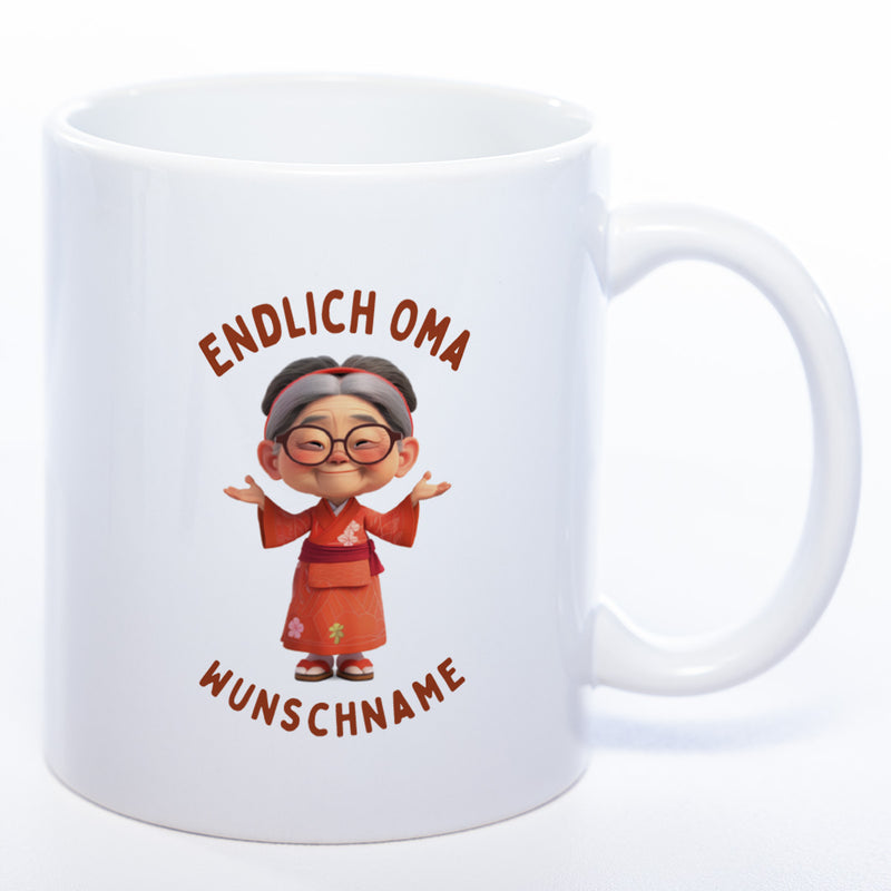 "Endlich Oma"-Tasse mit Wunschnamen - weitere Motive - spülmaschinenfest