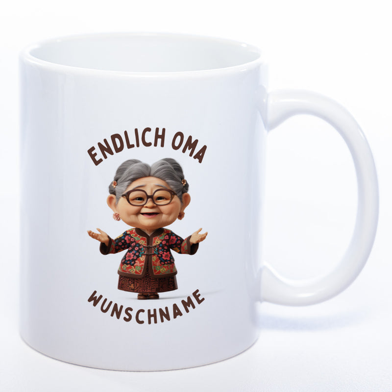 "Endlich Oma"-Tasse mit Wunschnamen - weitere Motive - spülmaschinenfest