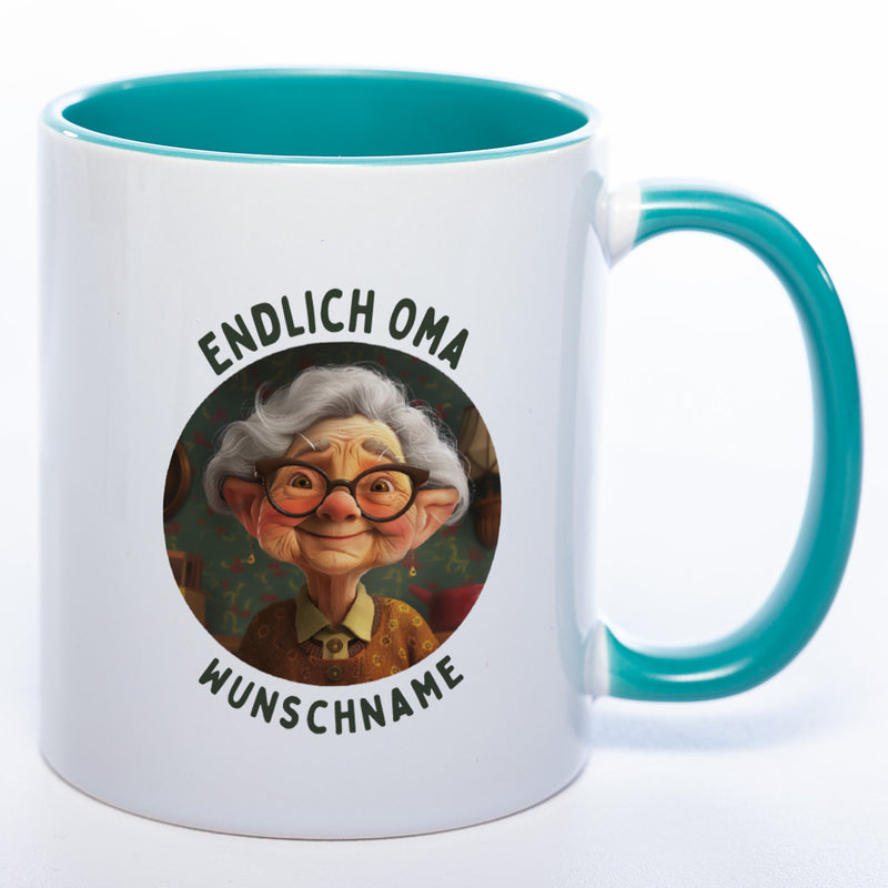 "Endlich Oma"-Tasse mit Wunschnamen - spülmaschinenfest