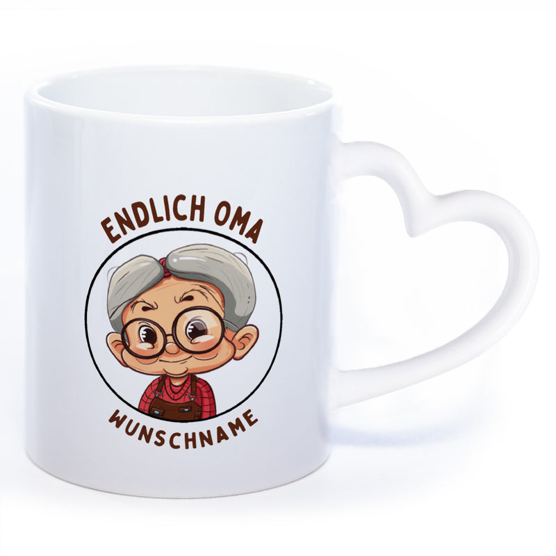 "Endlich Oma"-Tasse mit Wunschnamen - spülmaschinenfest