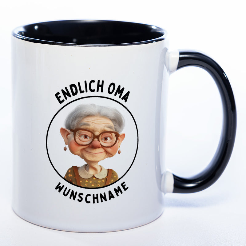 "Endlich Oma"-Tasse mit Wunschnamen - spülmaschinenfest