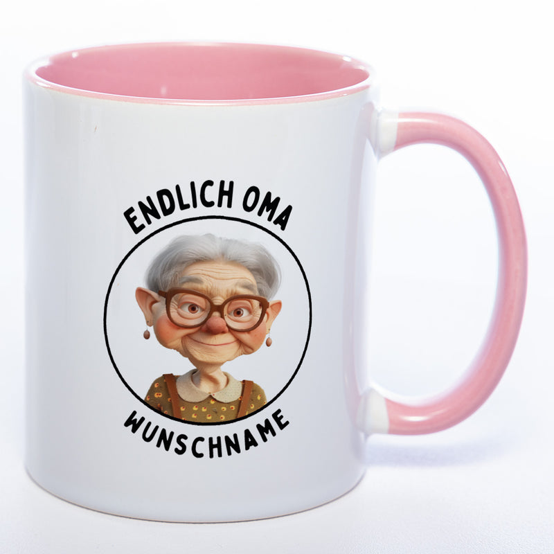 "Endlich Oma"-Tasse mit Wunschnamen - spülmaschinenfest