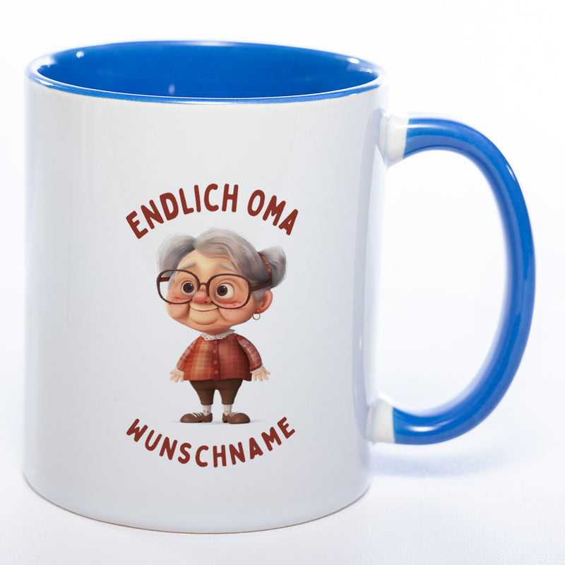 "Endlich Oma"-Tasse mit Wunschnamen - spülmaschinenfest
