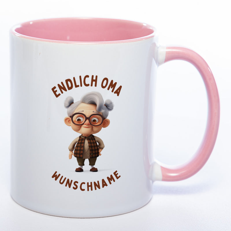 "Endlich Oma"-Tasse mit Wunschnamen - spülmaschinenfest
