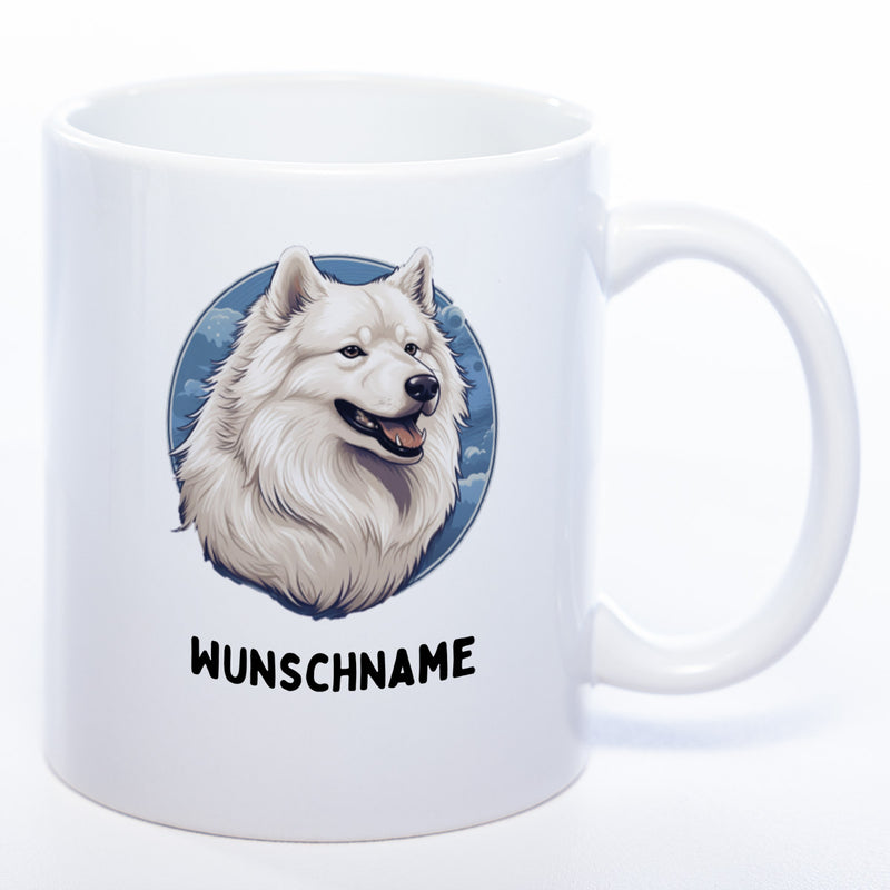 Hundetasse Samoyede mit Wunschname in weiß