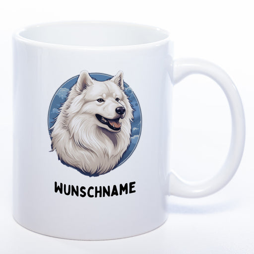 Hundetasse Samoyede mit Wunschname in weiß