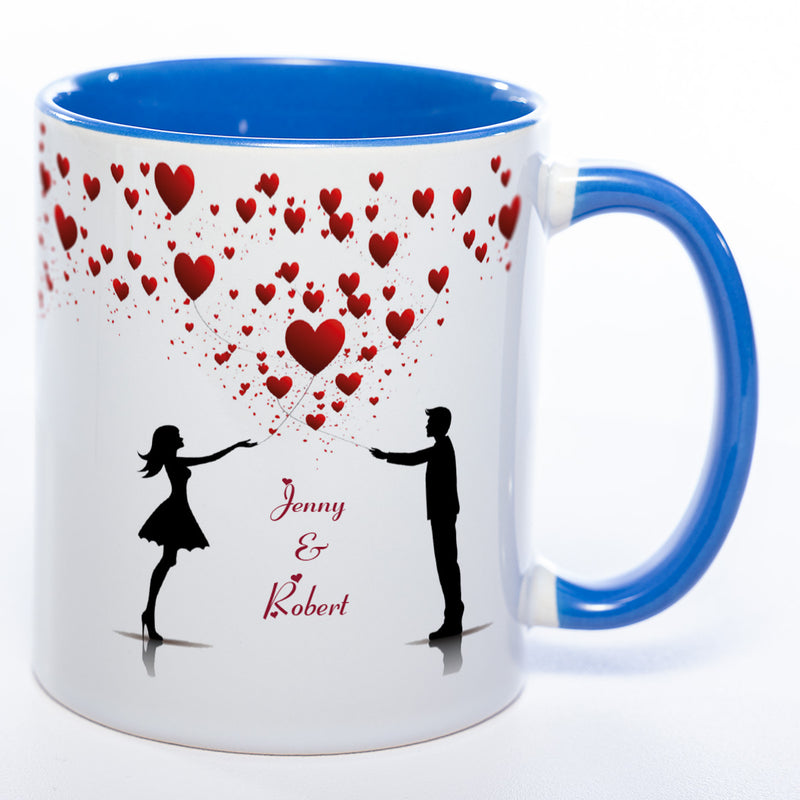 Motiv - Tasse mit Liebespaar, Herzen und 2 Wunschnamen spülmaschinenfest