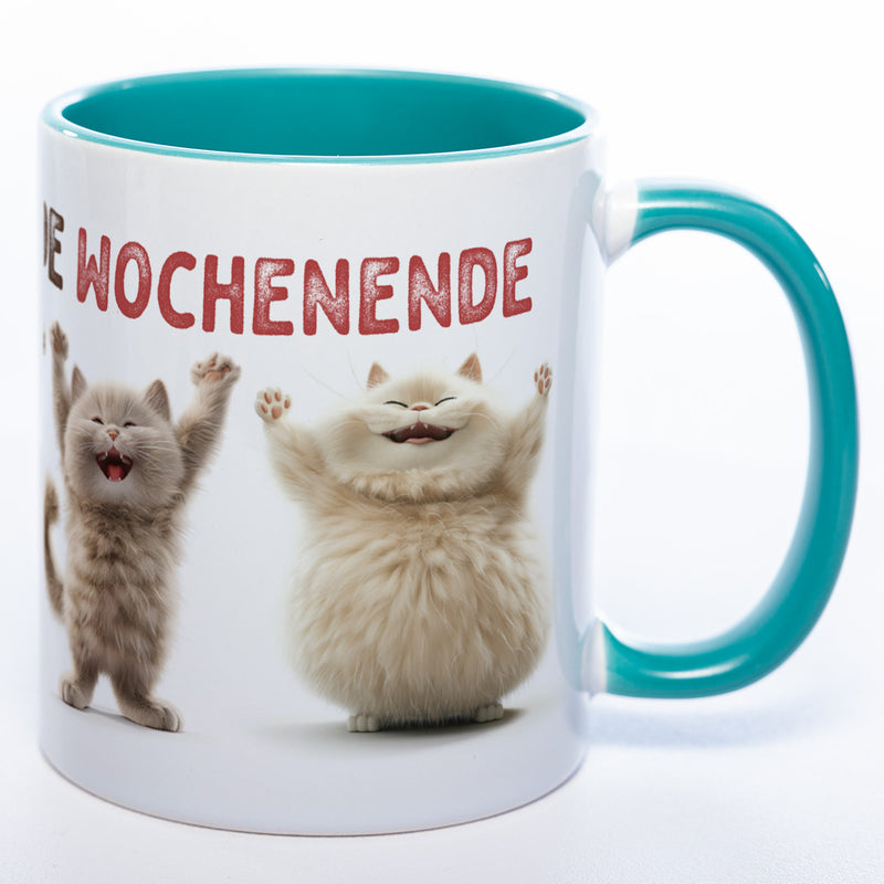 Motiv-Tasse Katzen "Hoch die Hände Wochenende" spülmaschinenfest