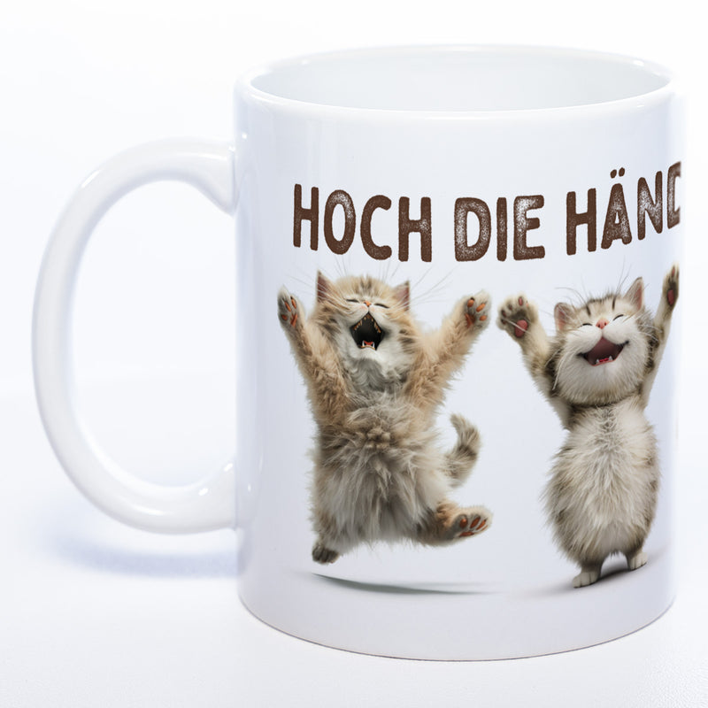 Motiv-Tasse Katzen "Hoch die Hände Wochenende" spülmaschinenfest