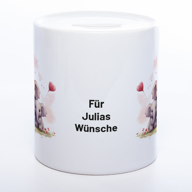 Hochwertige Spardose aus Keramik mit süßer Elefantenfamilien und Wunschtext | Geschenkidee