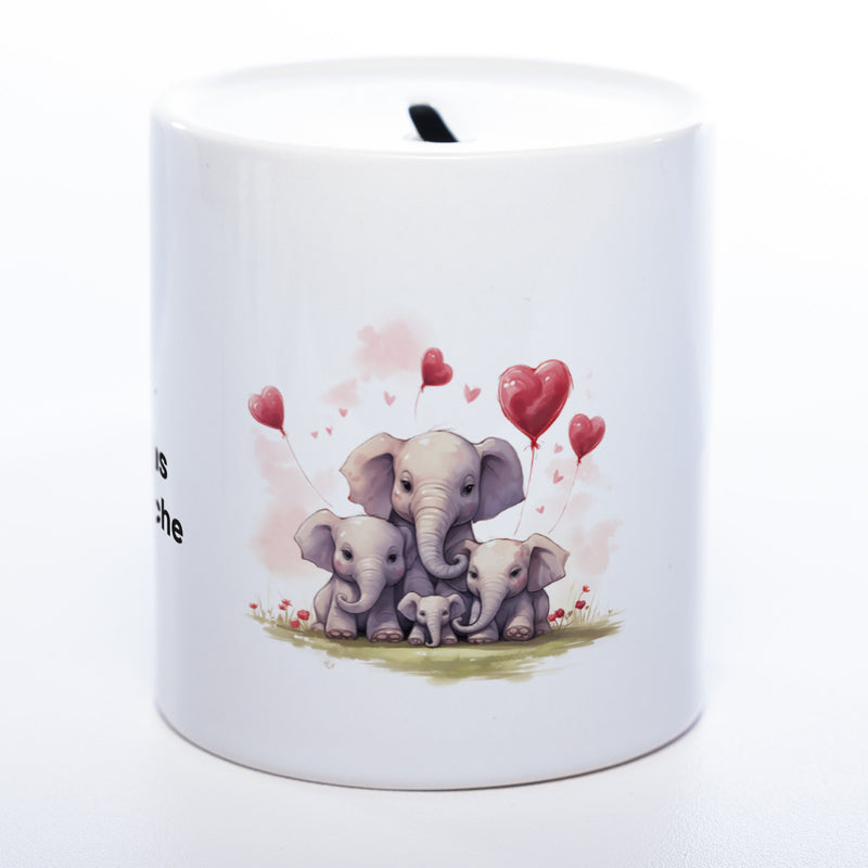 Hochwertige Spardose aus Keramik mit süßer Elefantenfamilien und Wunschtext | Geschenkidee