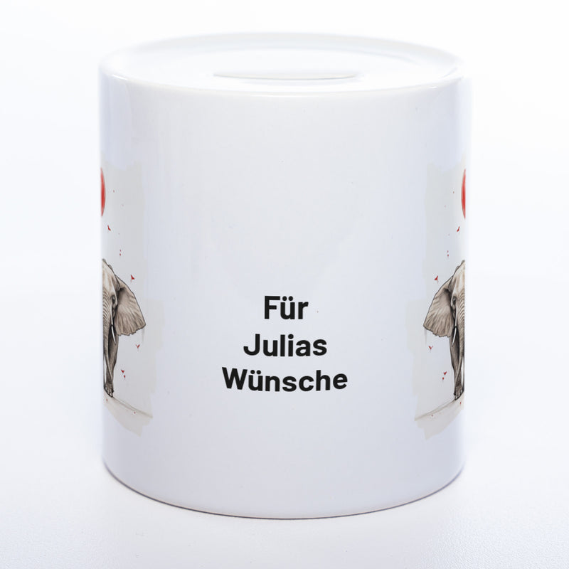 Hochwertige Spardose aus Keramik mit süßem Elefanten-Paar und Wunschtext | Geschenkidee
