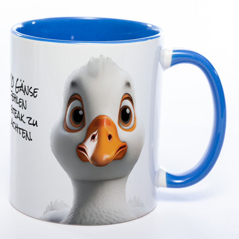 lustige Kaffeetasse mit Gänsekopf und Spruch 9 von 10 Gänse empfehlen Steak zu Weihnachten - blau