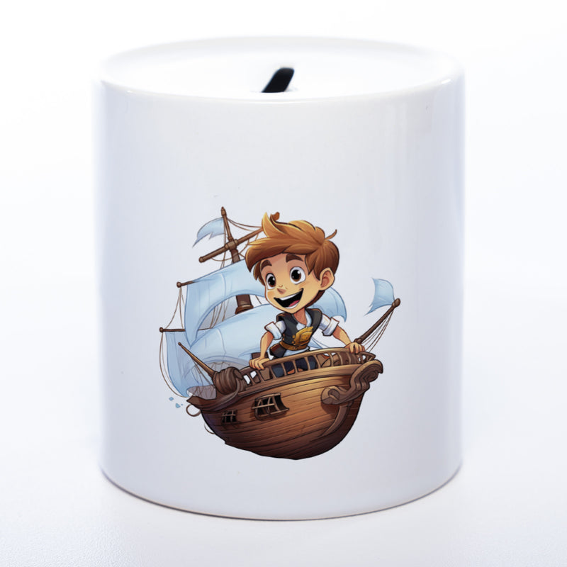 Hochwertige Spardose aus Keramik mit kleinem Piraten-Kapitän Motiv 2 und Wunschtext | Geschenkidee