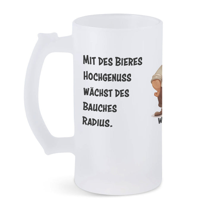 Bierkrug aus satiniertem Glas mit Motiv, Spruch und Wunschname: Mit des Bieres Hochgenuss wächst des Bauches Radius