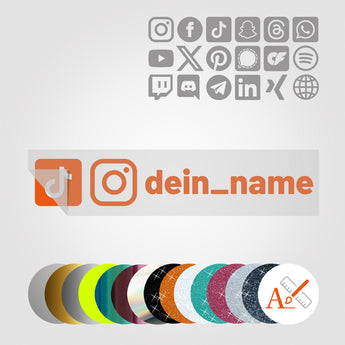 2 Logo Social Media Sticker mit Deinem Namen in Sonderfarben GLITZER, REFLEKTOR, HOLO, GOLD, SILBER, NEON, FARBWECHSEL, MILCHGLAS