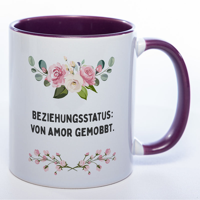 Blümchen-Tasse mit Spruch "Beziehungsstatus: von Amor gemobbt." - Lustige Kaffeetasse spülmaschinenfest