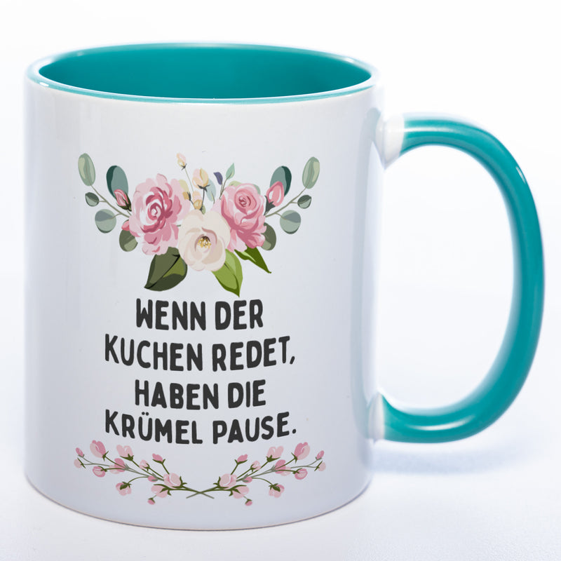 Blümchen-Tasse mit Spruch "Wenn der Kuchen redet, haben die Krümel Pause" - Lustige Kaffeetasse spülmaschinenfest