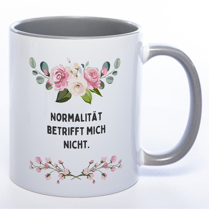 Blümchen-Tasse mit Spruch "Normalität betrifft mich nicht." - Lustige Kaffeetasse spülmaschinenfest