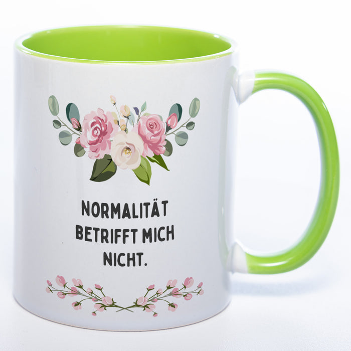 Blümchen-Tasse mit Spruch "Normalität betrifft mich nicht." - Lustige Kaffeetasse spülmaschinenfest