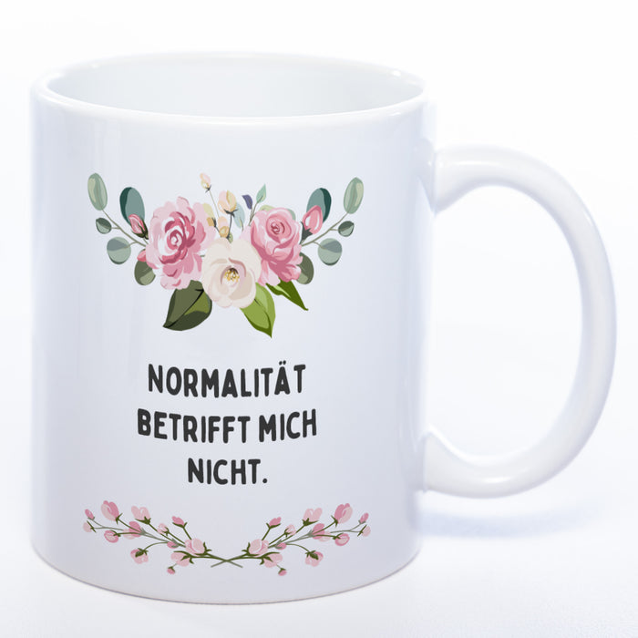 Blümchen-Tasse mit Spruch "Normalität betrifft mich nicht." - Lustige Kaffeetasse spülmaschinenfest