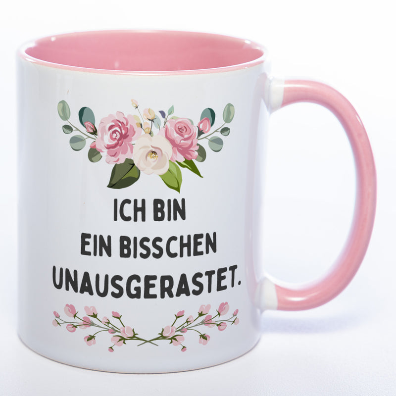 Blümchen-Tasse mit Spruch "Ich bin ein bisschen unausgerastet" - Lustige Kaffeetasse spülmaschinenfest