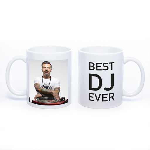 Tasse weiß mit Foto link und Text "Best DJ ever" rechts