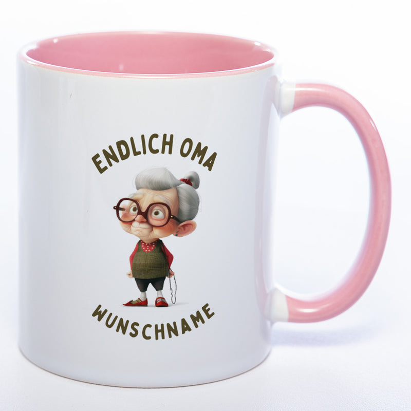 "Endlich Oma"-Tasse mit Wunschnamen - spülmaschinenfest