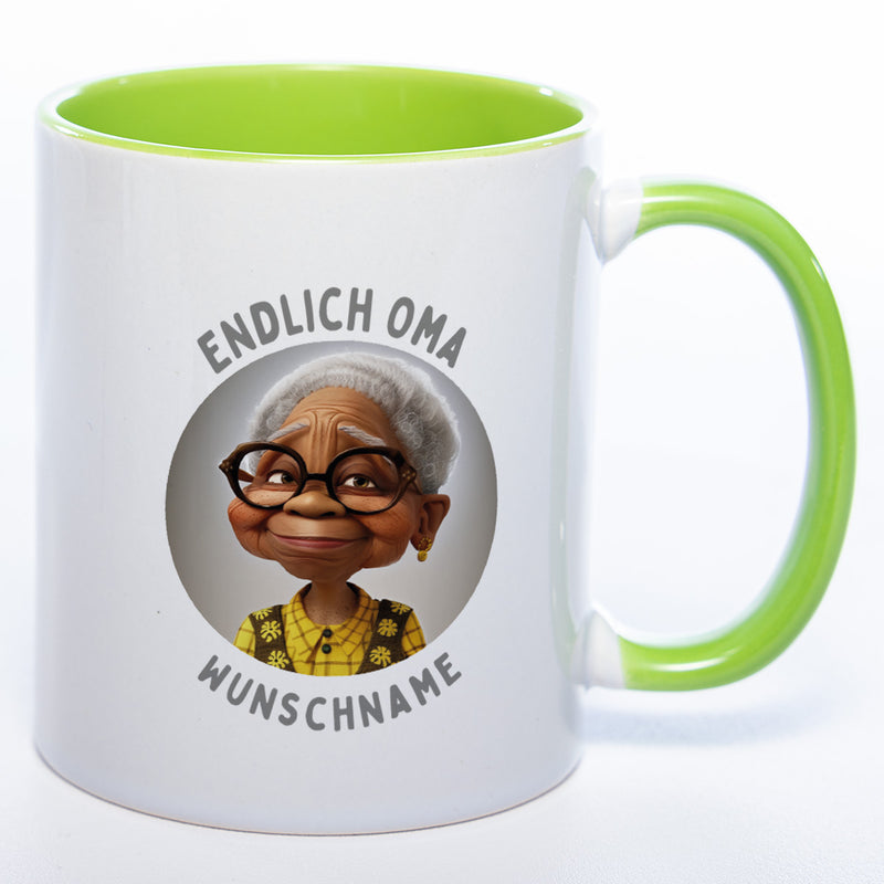 "Endlich Oma"-Tasse mit Wunschnamen - weitere Motive - spülmaschinenfest