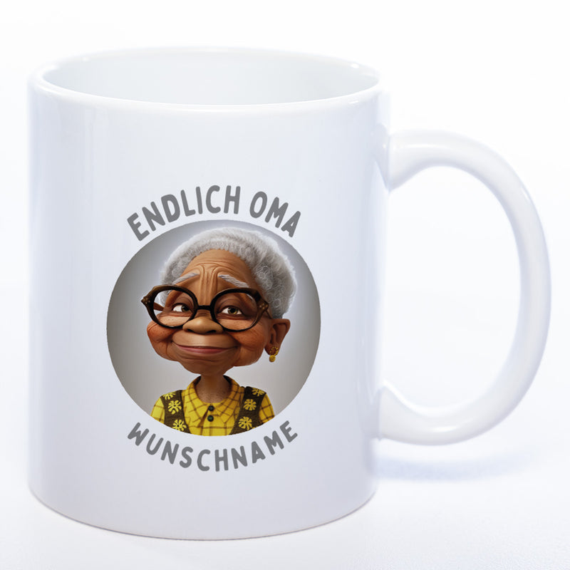"Endlich Oma"-Tasse mit Wunschnamen - weitere Motive - spülmaschinenfest