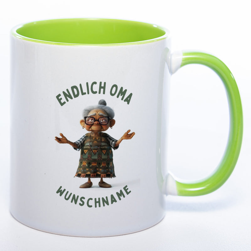 "Endlich Oma"-Tasse mit Wunschnamen - weitere Motive - spülmaschinenfest