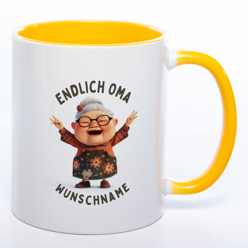 "Endlich Oma"-Tasse mit Wunschnamen - weitere Motive - spülmaschinenfest
