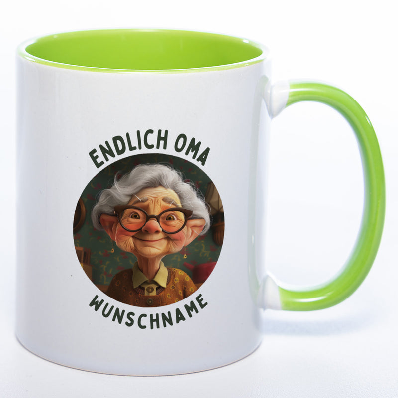 "Endlich Oma"-Tasse mit Wunschnamen - spülmaschinenfest